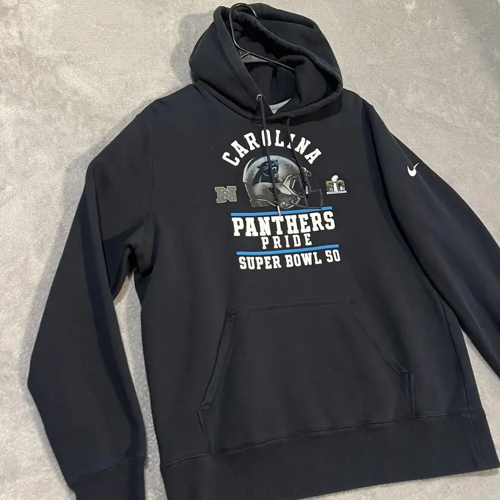 Carolina Panthers Sweatshirt Mens Large Black NFL Football Nike Super Bowl 50